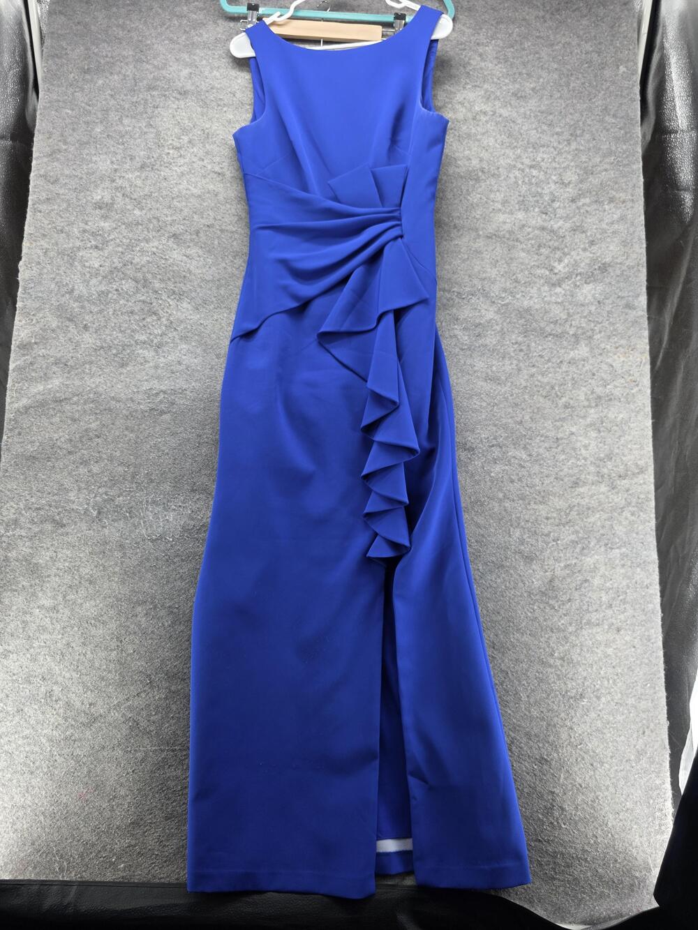 Eliza J Dress Womens 6 Blue Mermaid Maxi Boat Neck Side Slit Ruffle Formal